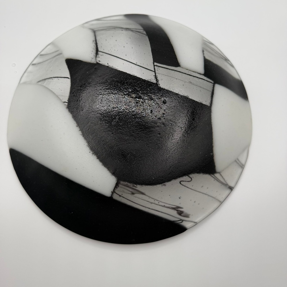 Vintage Black and White Fused Glass Abstract Geometric Decorative Bowl 10.5 Inch